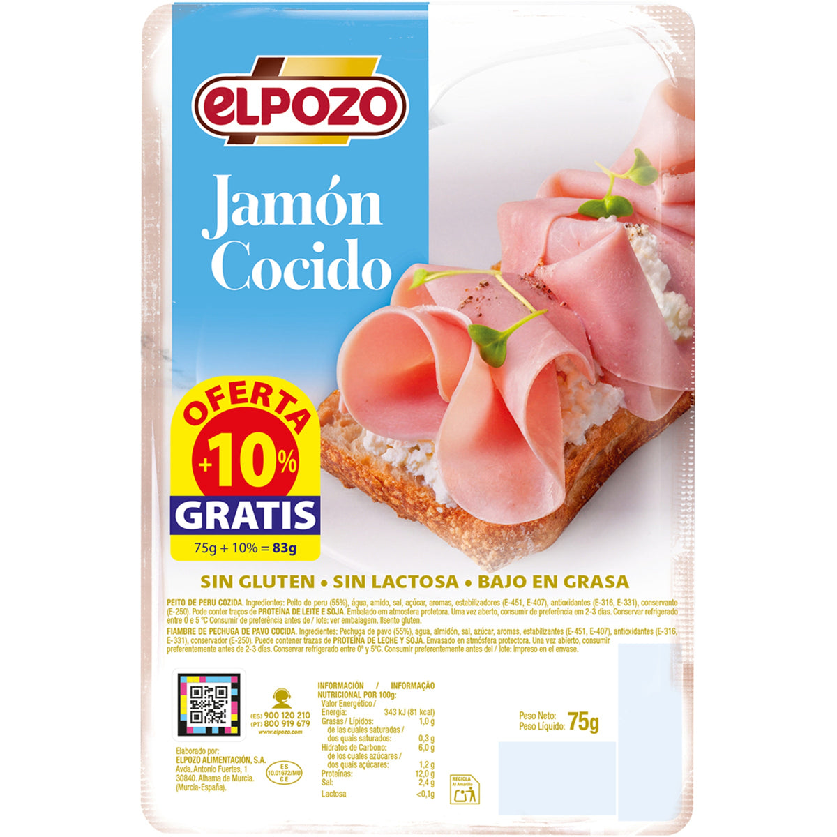 ELPOZO JAMON COCIDO EXTRA LONCHAS FINAS BAJO EN GRASA 65GR+10%