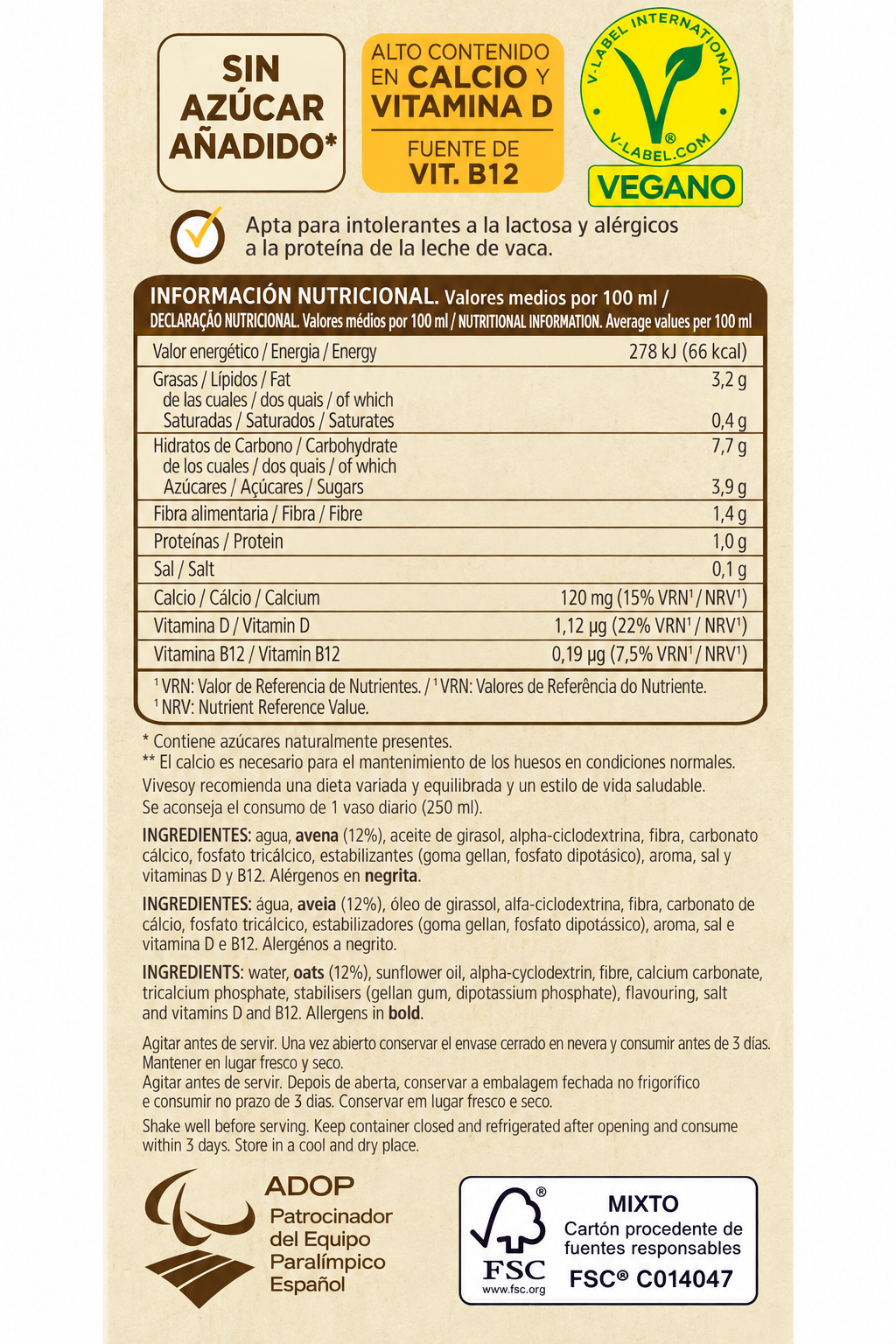 LECHE DE AVENA VIVESOY 1 L.