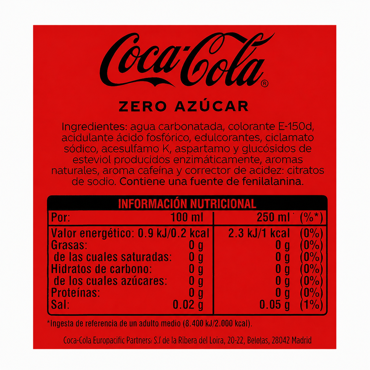 COCA COLA ZERO BOTELLA 500 ML.