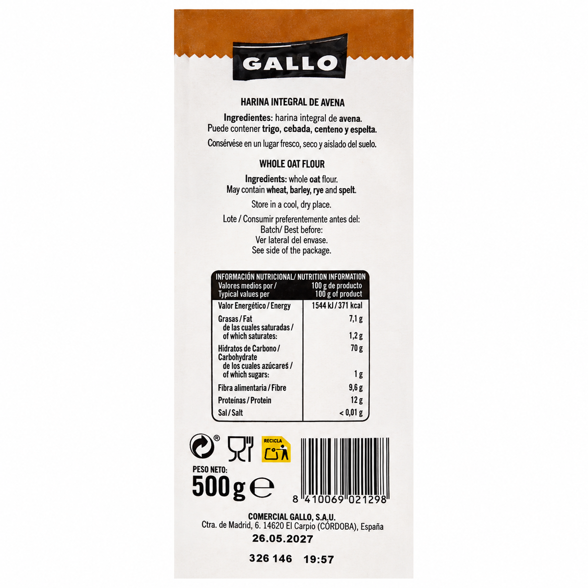 GALLO HARINA AVENA 500 GRS