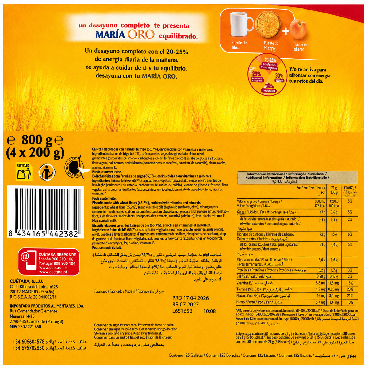 CUETARA GALLETAS MARIA ORO PACK 4X200GR