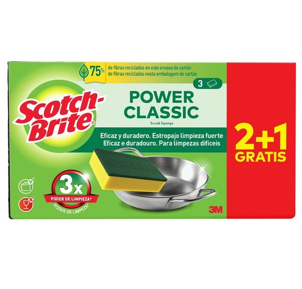 SCOTCH BRITE ESTROPAJO FIBRA VERDE CLASSIC GIGANTE PACK 2+1