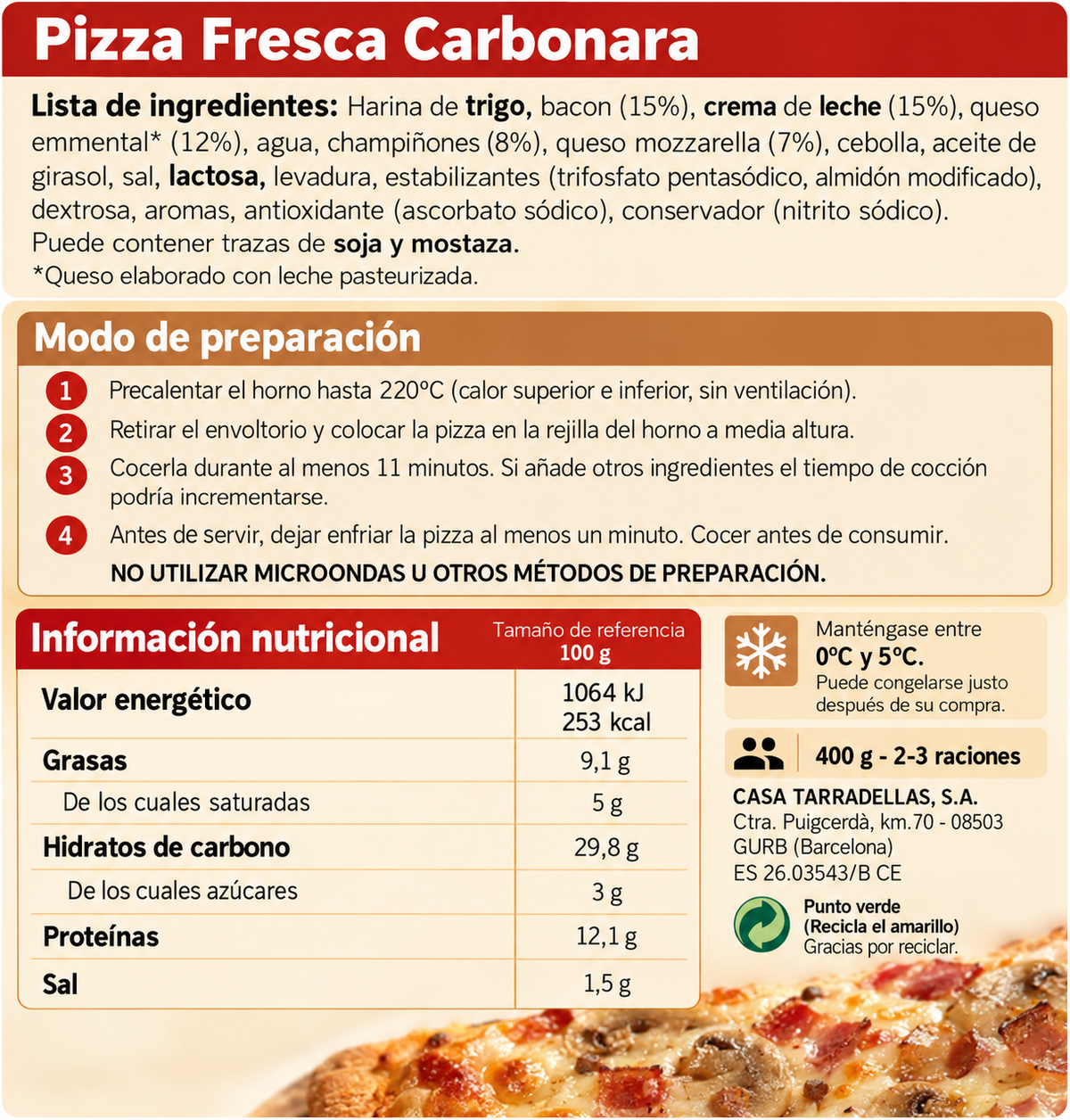 TARRADELLAS PIZZA CARBONARA 400G.