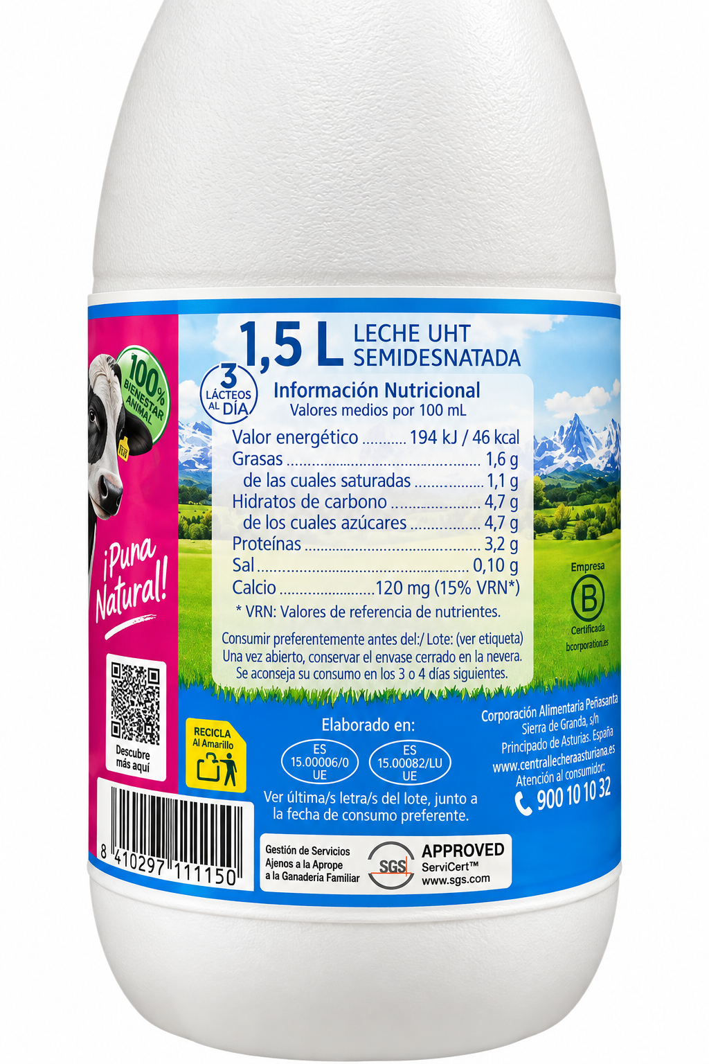 Leche Asturiana Semidesna. 1,5 L