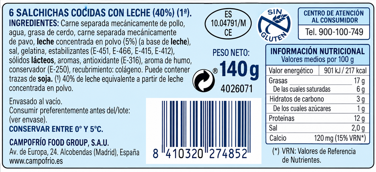 CAMPOFRIO SALCHICHAS DOBLE LECHE 140GR