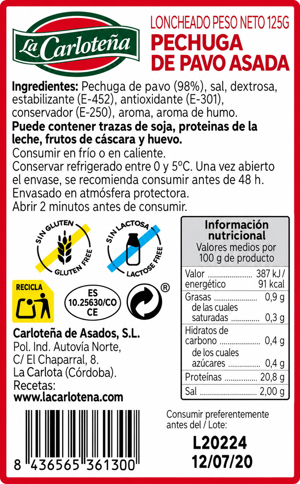CARLOTEÑA PECHUGUITA PAVO ASADO LONCHAS 100GR