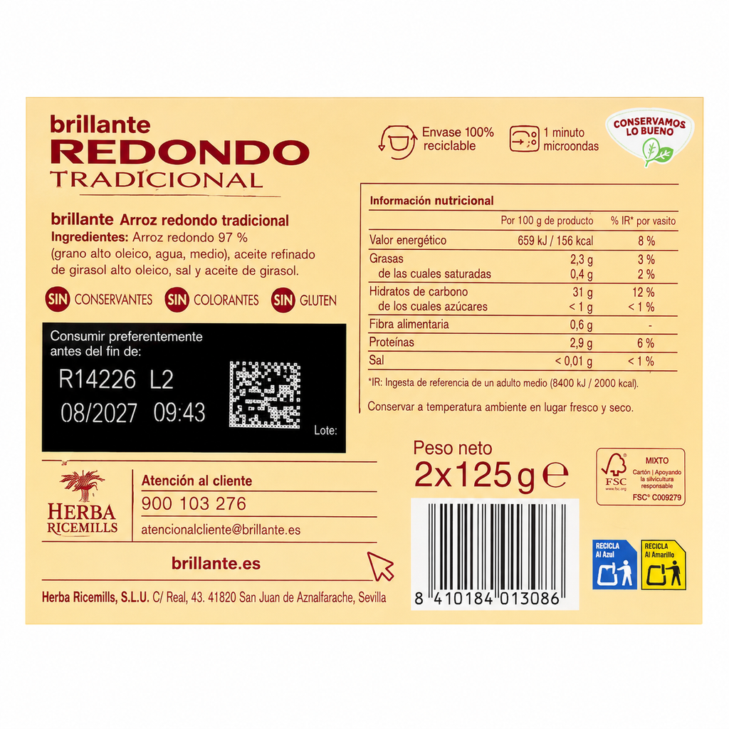BRILLANTE XL ARROZ REDONDO PACK 2X200GR