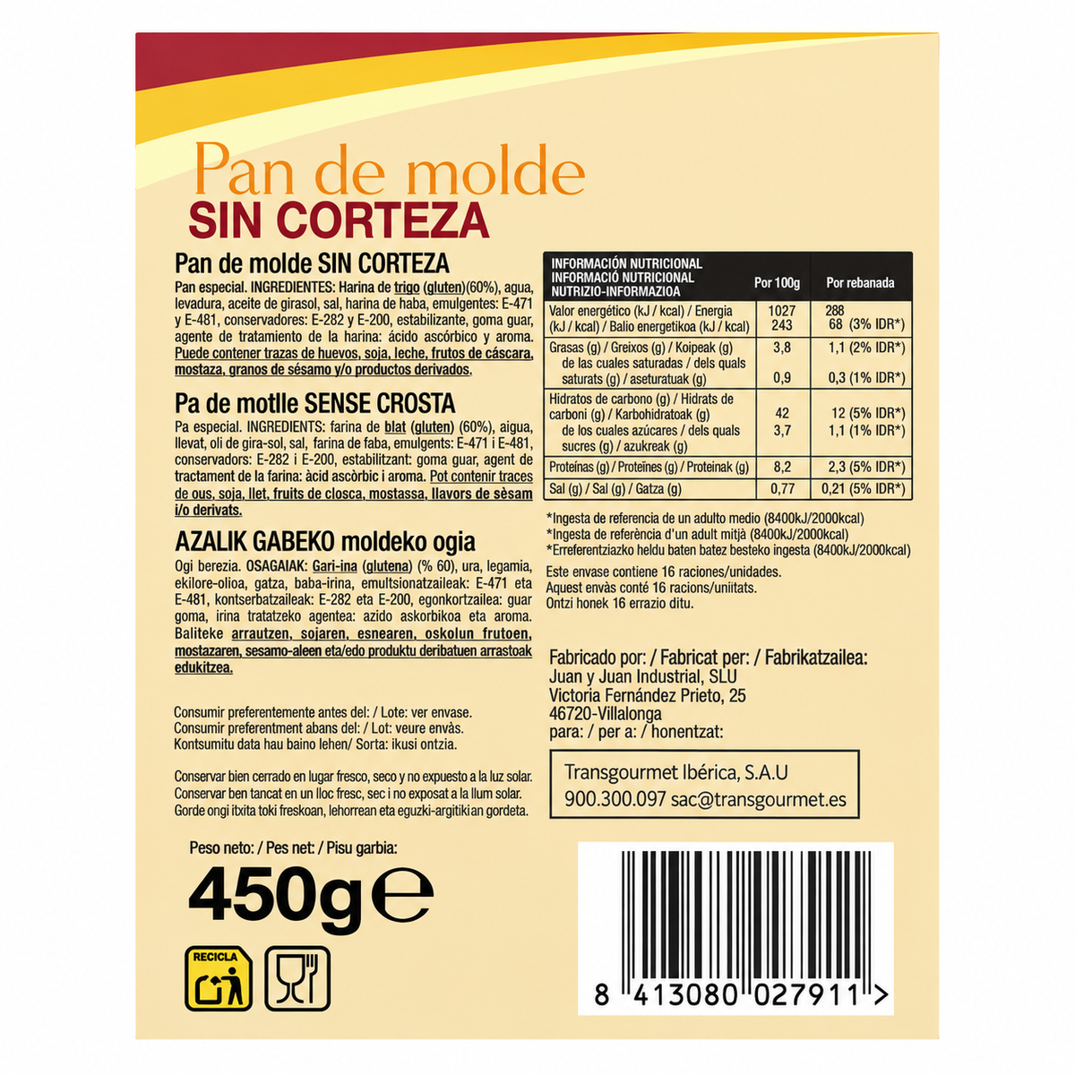 GOURMET PAN MOLDE SIN CORTEZA 450 G