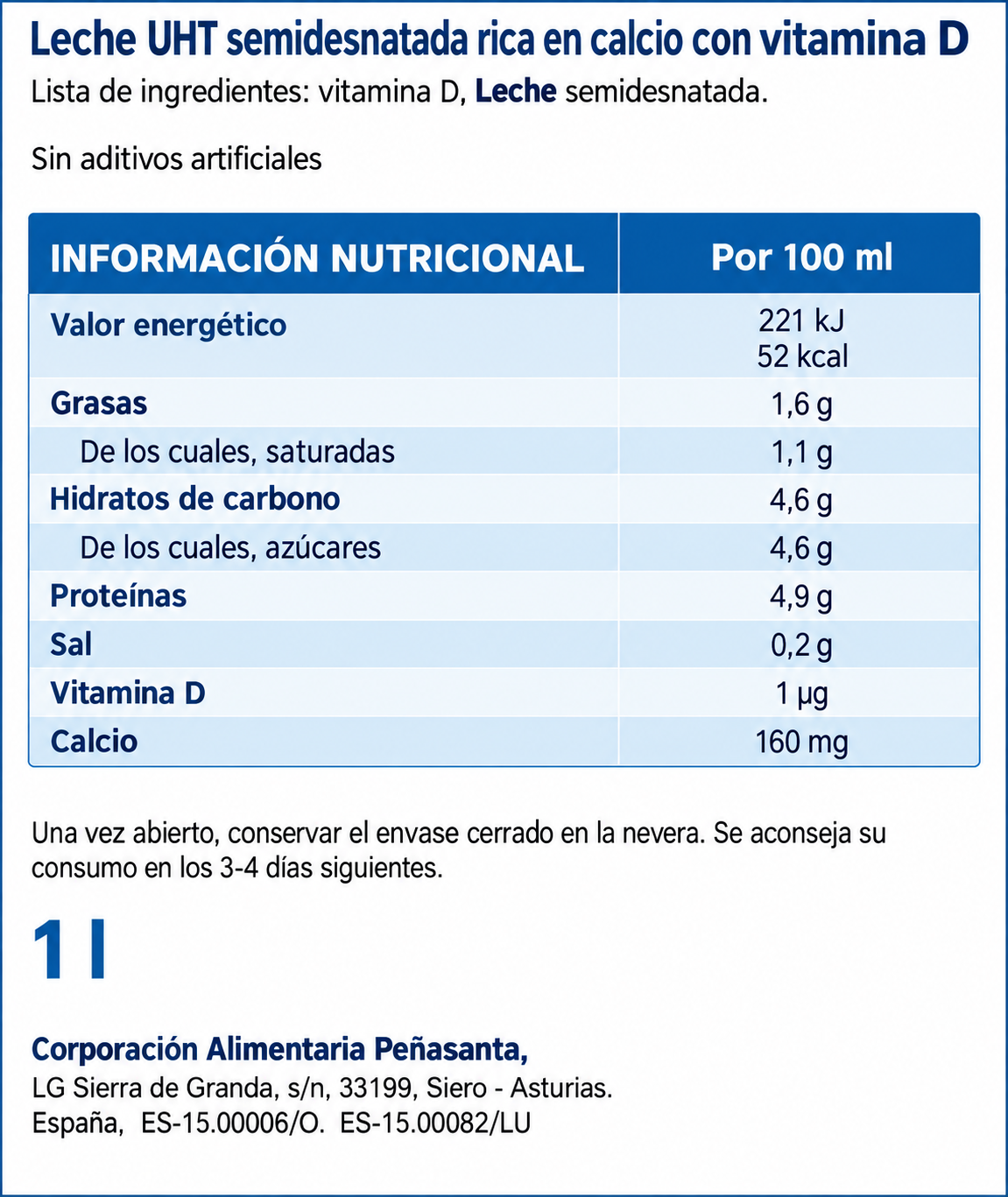 ASTURIANA CALCIO LECHE SEMIDESNATADA 1L