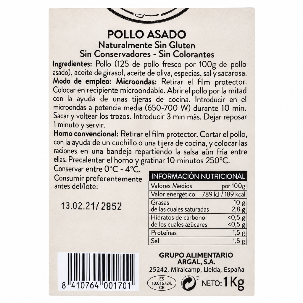 ARGAL PONTUTOKE POLLO ASADO ENTERO 1,1KG