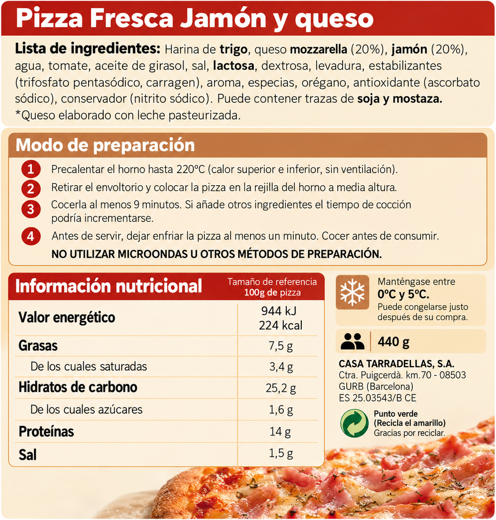 TARRADELLAS PIZZA JAMON-QUESO PACK-2 X 225GR