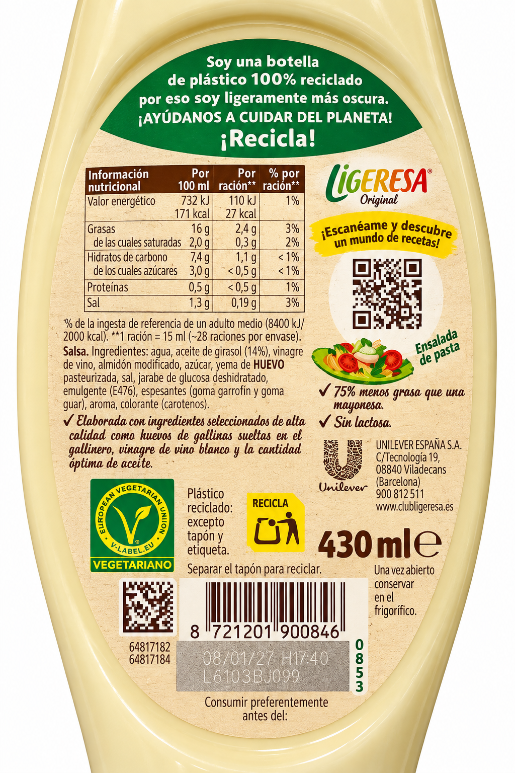 LIGERESA MAYONESA BOCABAJO 430ML