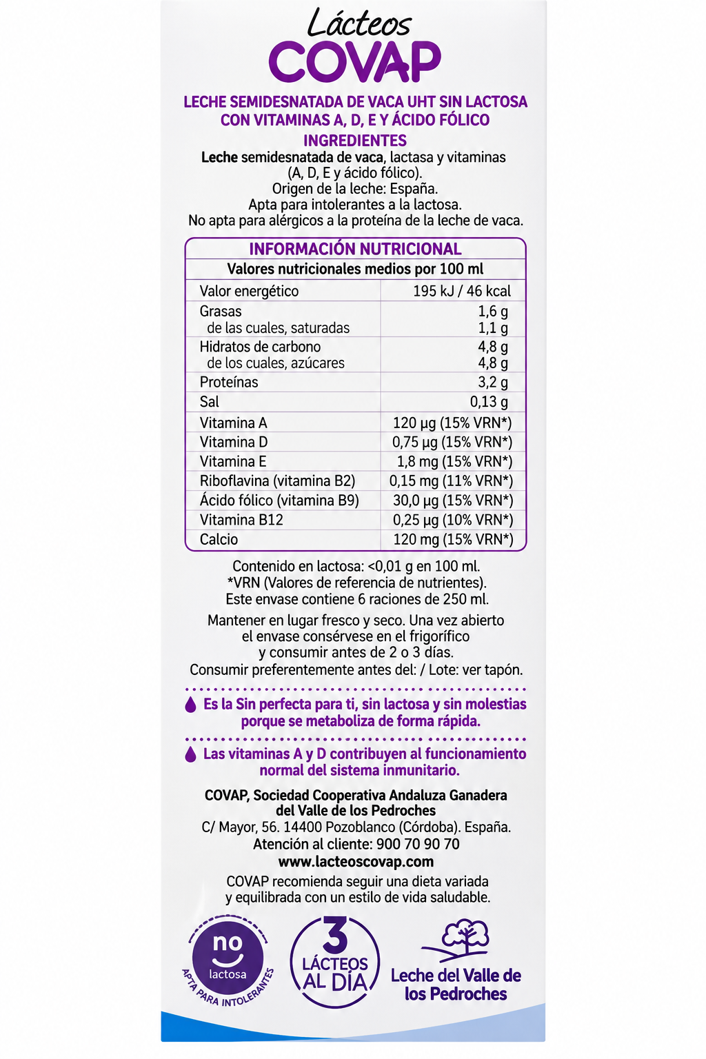 COVAP LECHE SEMIDESNATADA SIN LACTOSA 1,5L