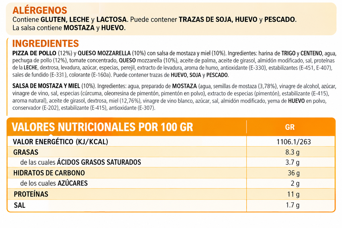 -B CAMPOFRIO PIZZA&SALSA POLLO ASADO MOST. Y MIEL 355G
