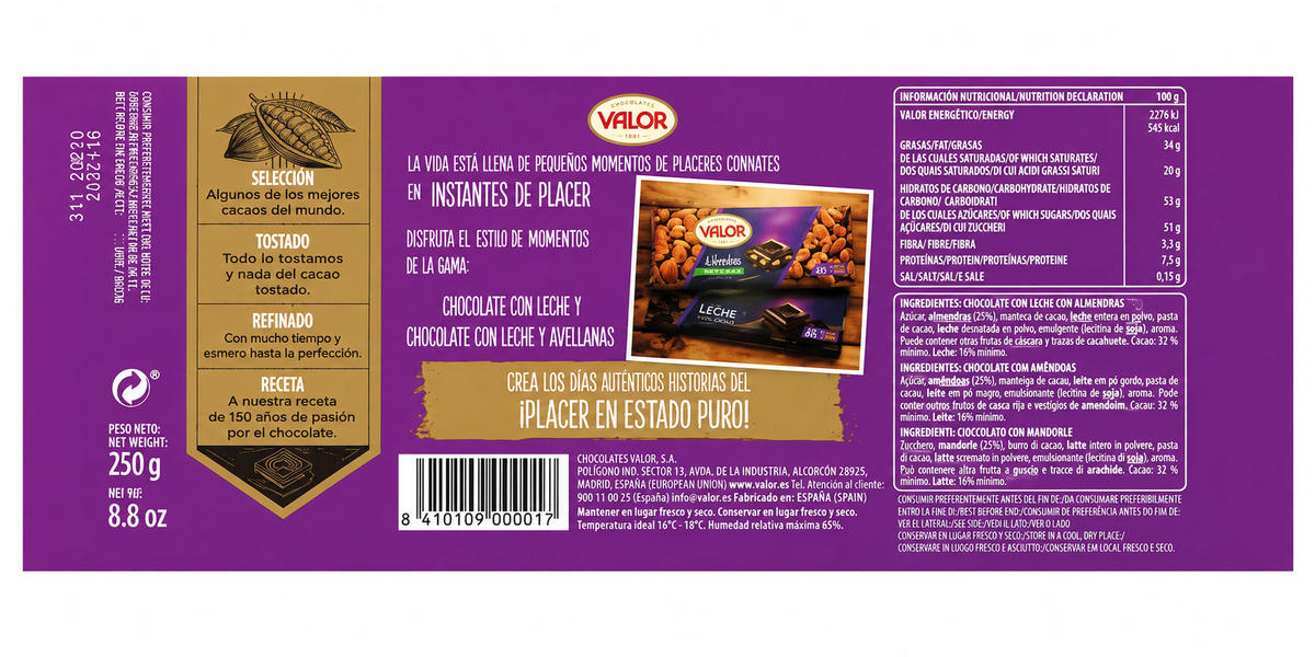 VALOR CHOCOLATE LECHE-ALMENDR 250G