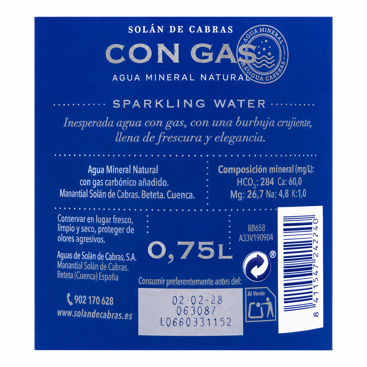 AGUA SOLAN CABRAS C/GAS BOTELLA 75CL