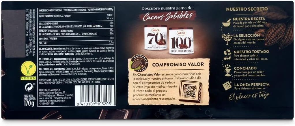 VALOR CHOCOLATE NEGRO 82% 170GR