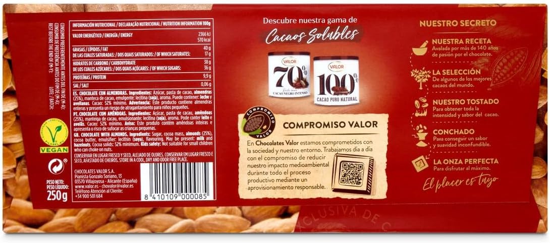 VALOR CHOCOLATE PURO ALMENDRAS 250G