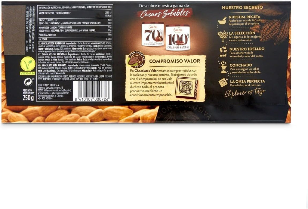 CHOCOLATE VALOR 70% ALMENDRA 250GR