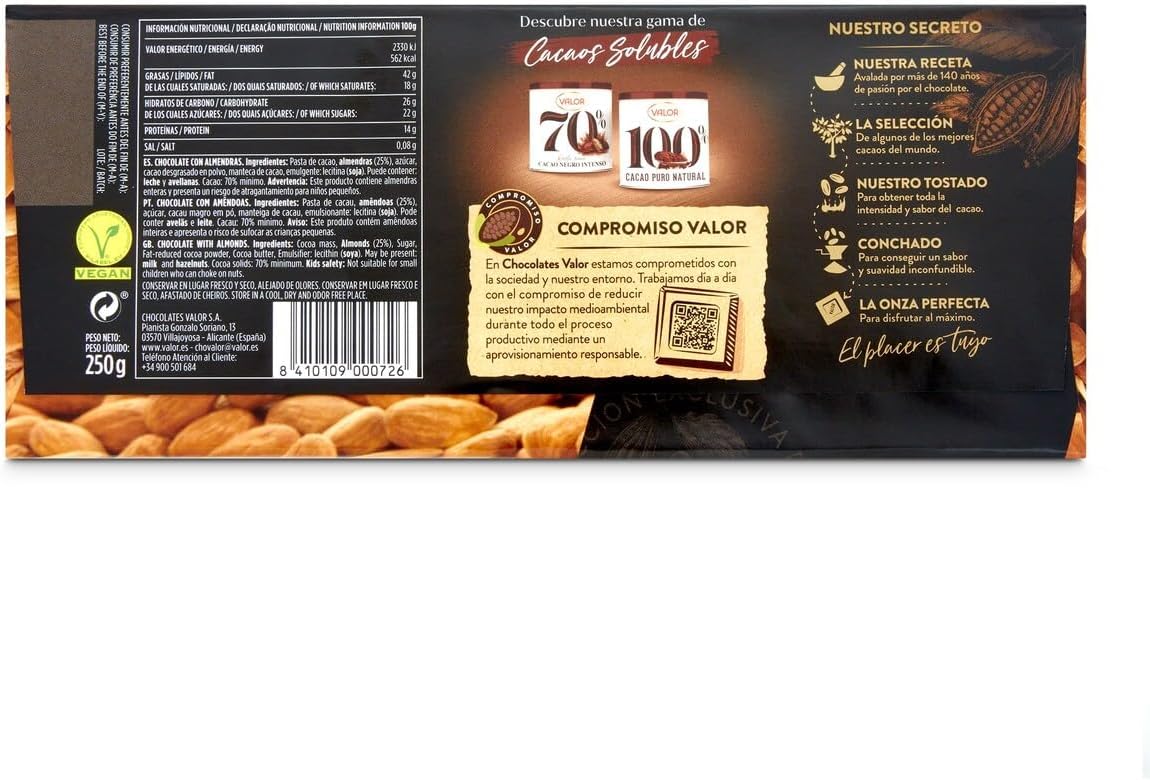 CHOCOLATE VALOR 70% ALMENDRA 250GR
