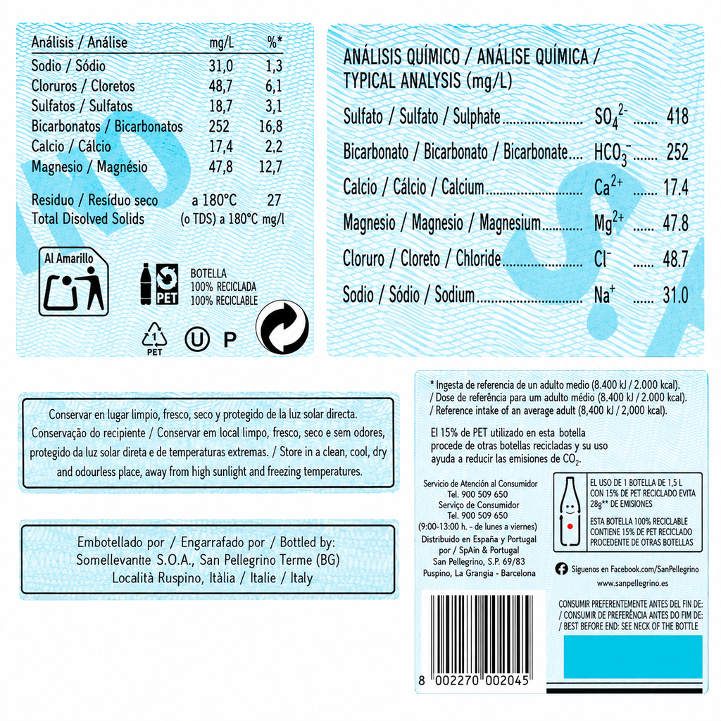 PELLEGRINO AGUA MINERAL C/GAS BOTELLA 1L