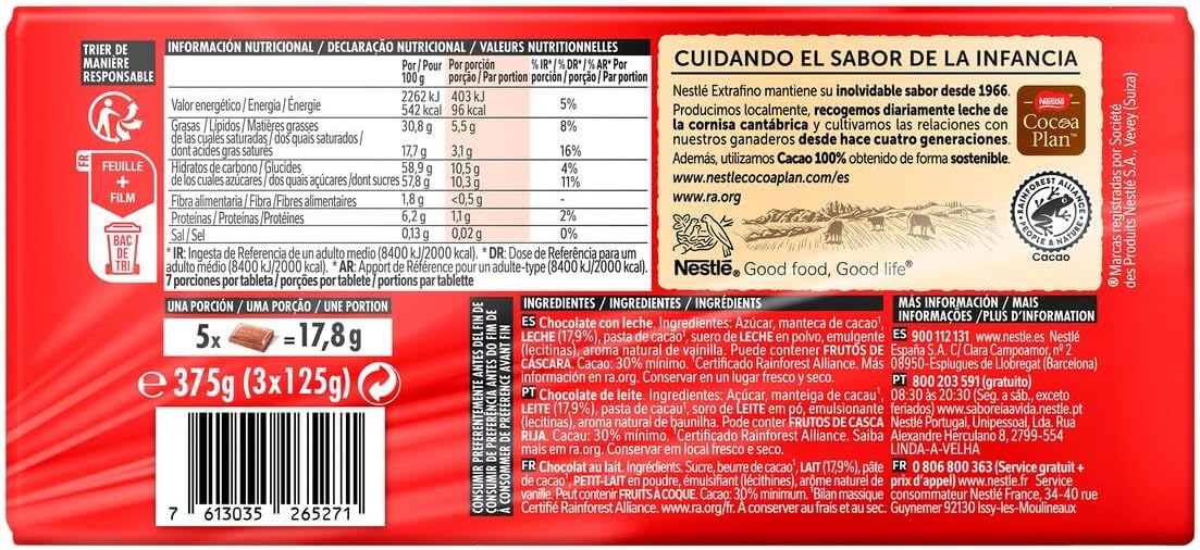 NESTLE CHOCOLATE CON LECHE FINO + TABLETA REGALO PACK-3 X 125GR