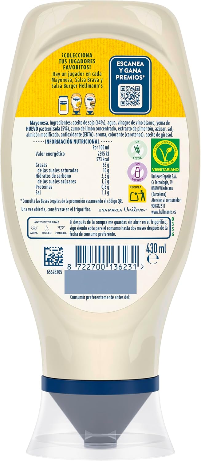 Hellmanns Mayonesa Bocabajo B/430 ml