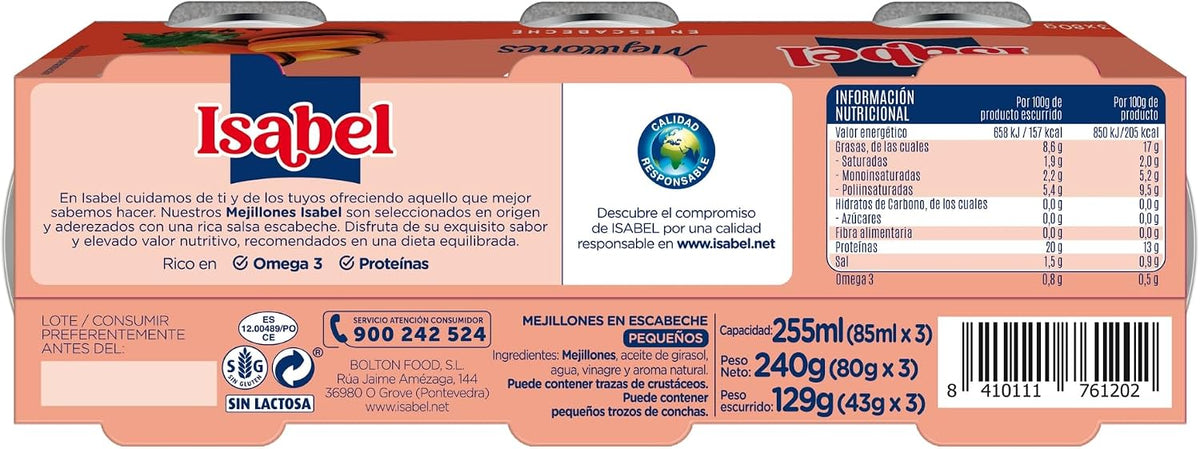 ISABEL MEJILLONES ESCABECHE PACK-3 X 43GR
