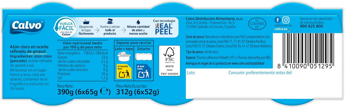 ATUN CALVO CLARO ACEITE GIRASOL PACK 6