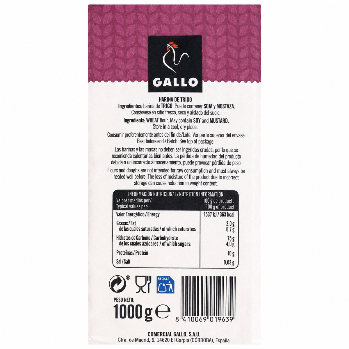 GALLO HARINA REPOSTERIA 1 KG.