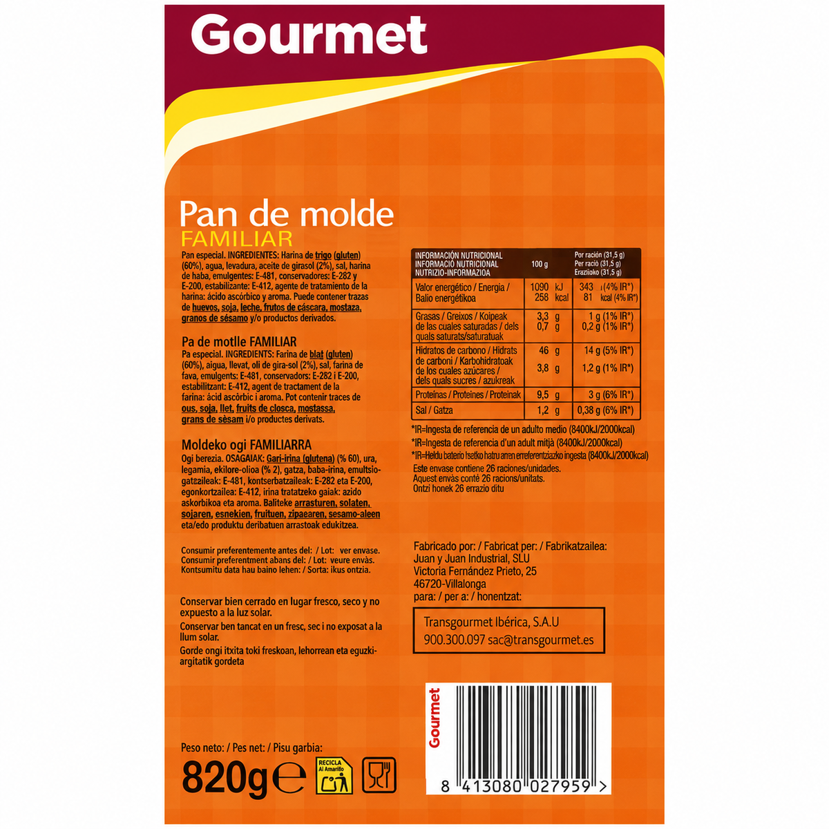 GOURMET PAN MOLDE FAM 820 G