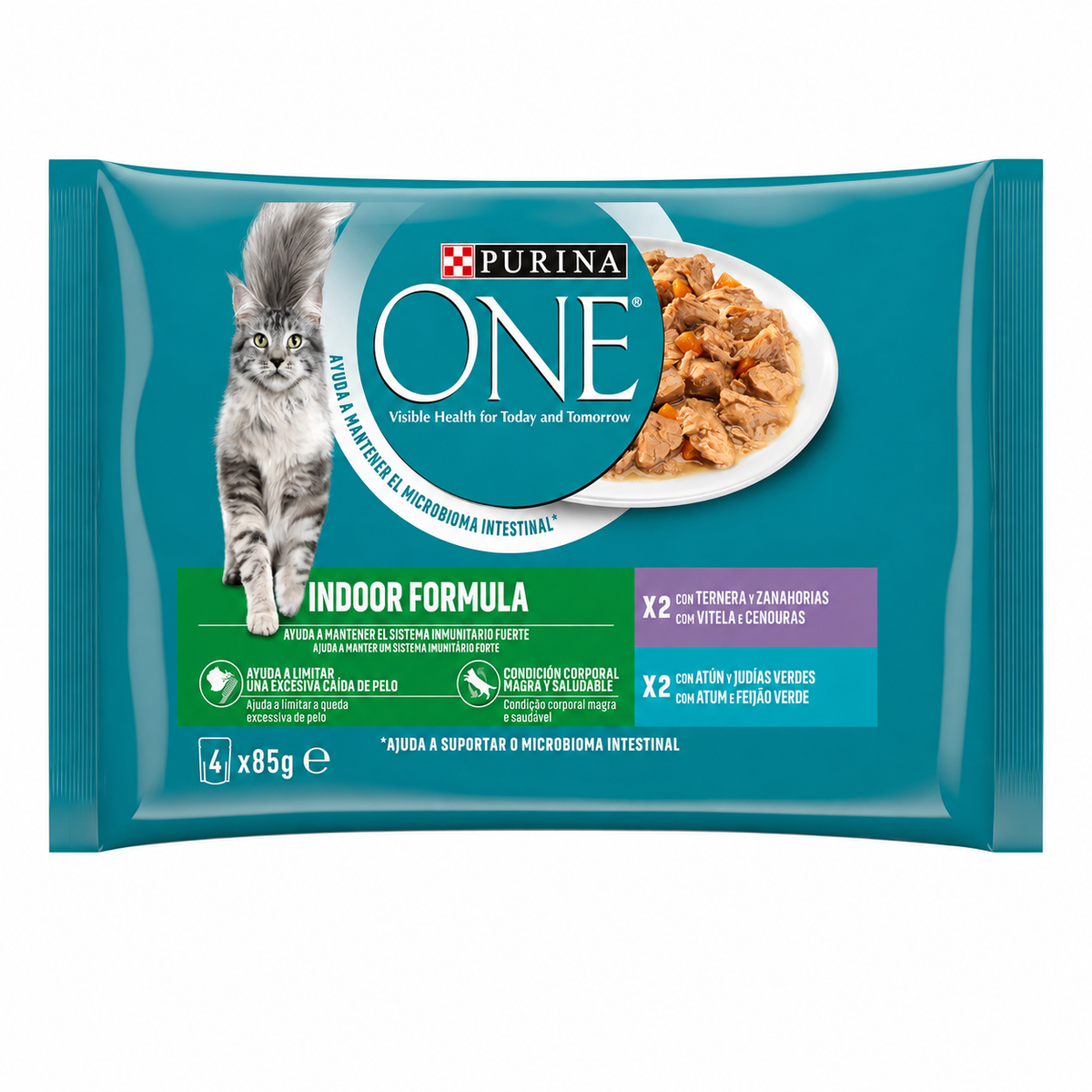 PURINA ONE GATO INDOOR LAMINAS ATUN Y TERNERA PACK 4 X 85GR