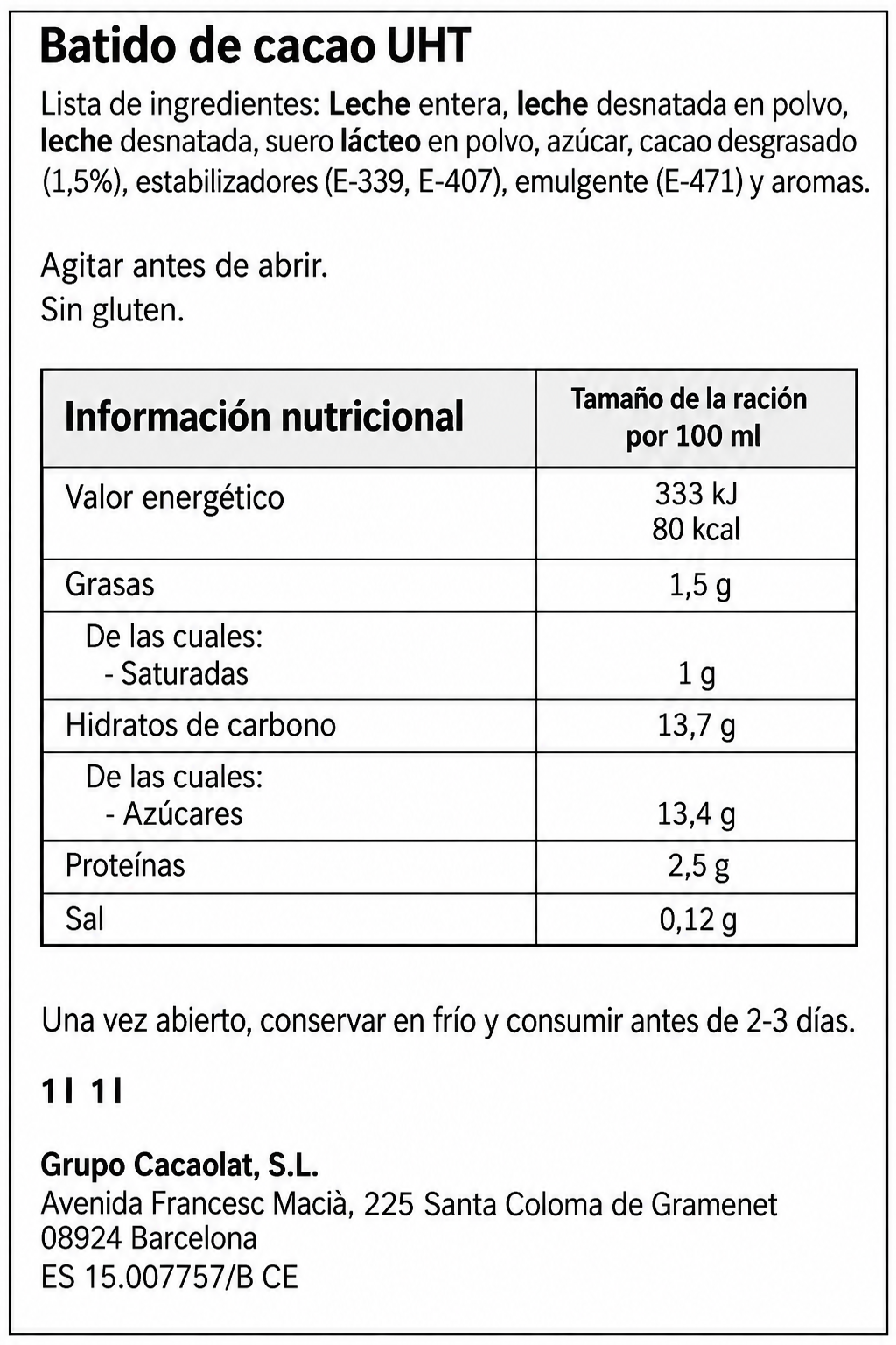 CACAOLAT BATIDO CACAO 0% 1L +30%