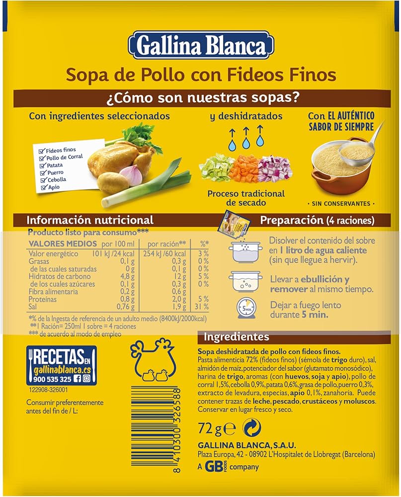 GALLINA BLANCA SOPA POLLO C/FIDEOS PACK 3 X 71GR