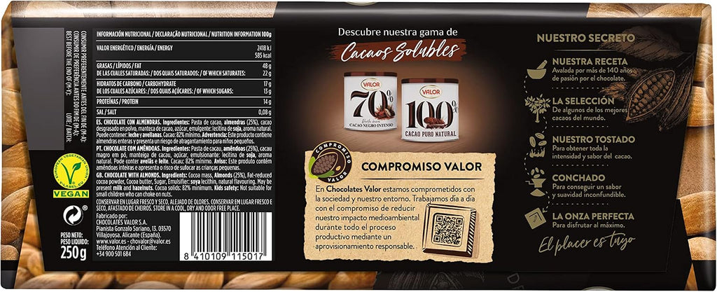 VALOR CHOCOLATE NEGRO 82% ALMENDRAS 250GR