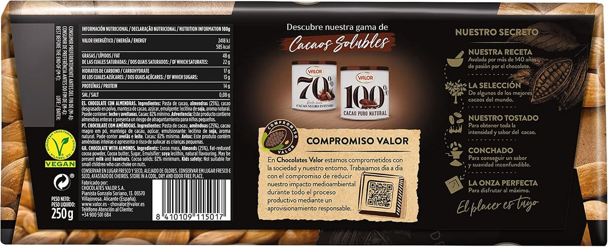 VALOR CHOCOLATE NEGRO 82% ALMENDRAS 250GR