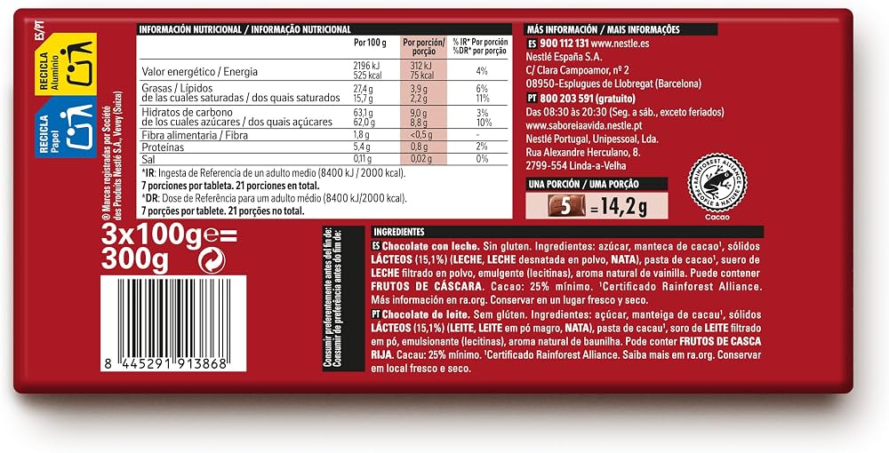 NESTLE DOLCA CHOCOLATE CON LECHE PACK 3X100 GRS.