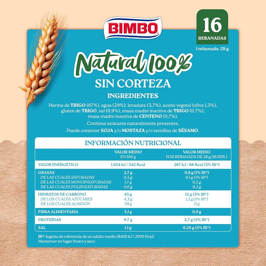 PAN BIMBO 100% NATURAL SIN CORTEZA 450 GR.