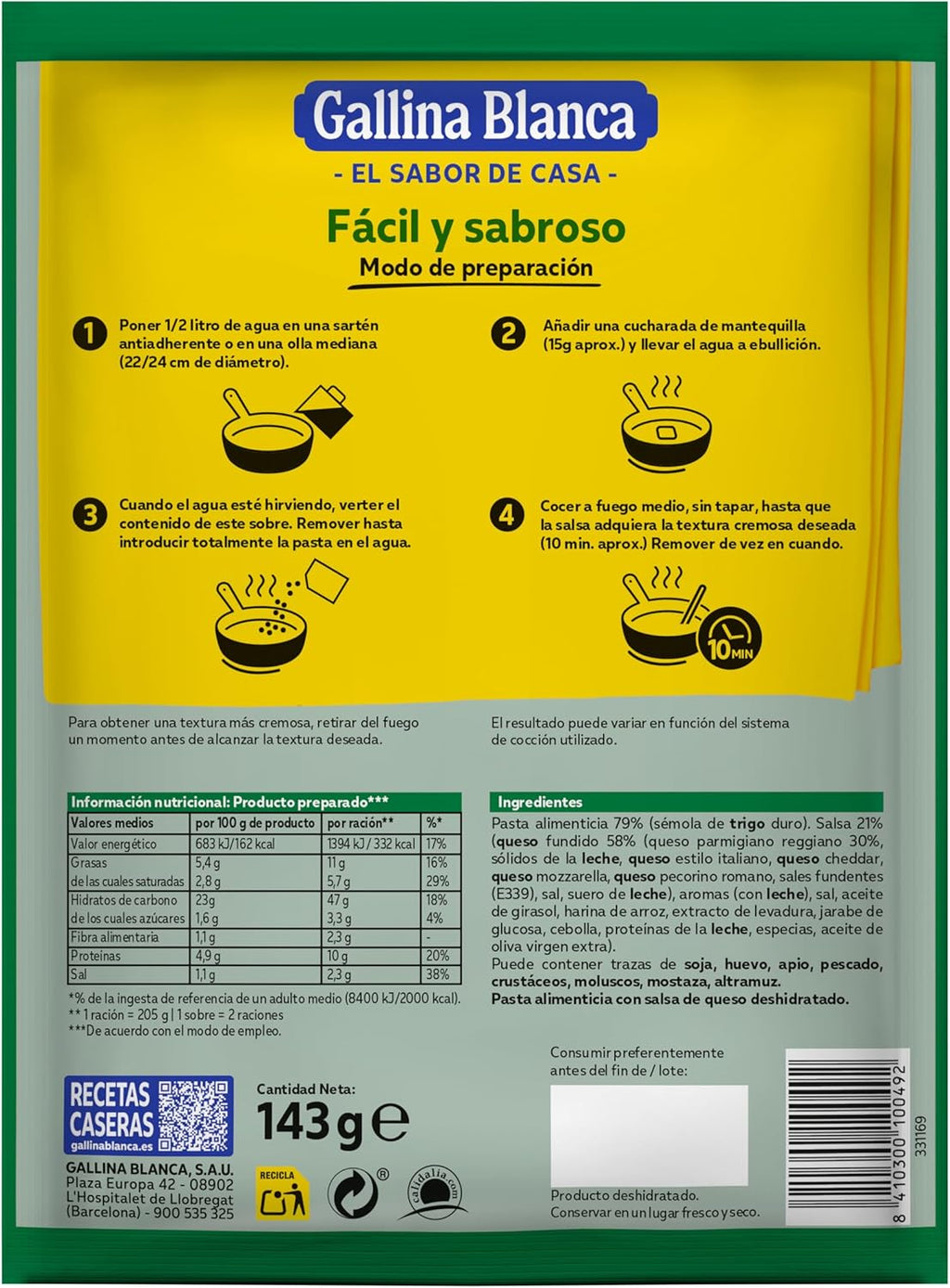 GALLINA BLANCA PLATO PREP. TALLARINES PARMESANA 149 GR.