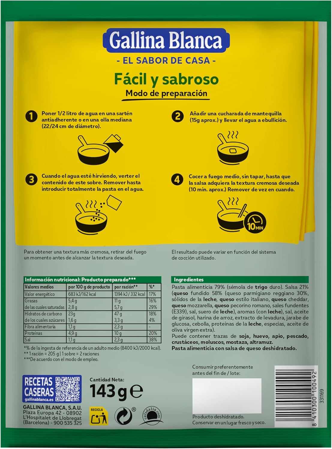GALLINA BLANCA PLATO PREP. TALLARINES PARMESANA 149 GR.