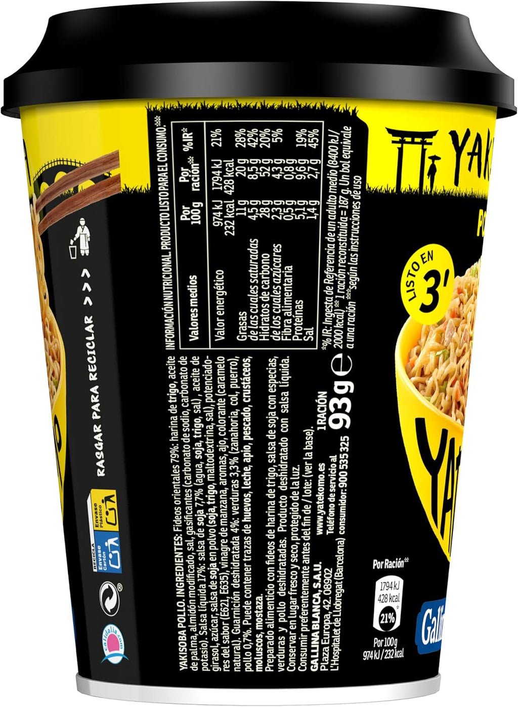 GALLINA BLANCA YATEKOMO YAKISOBA VASO POLLO 93GR