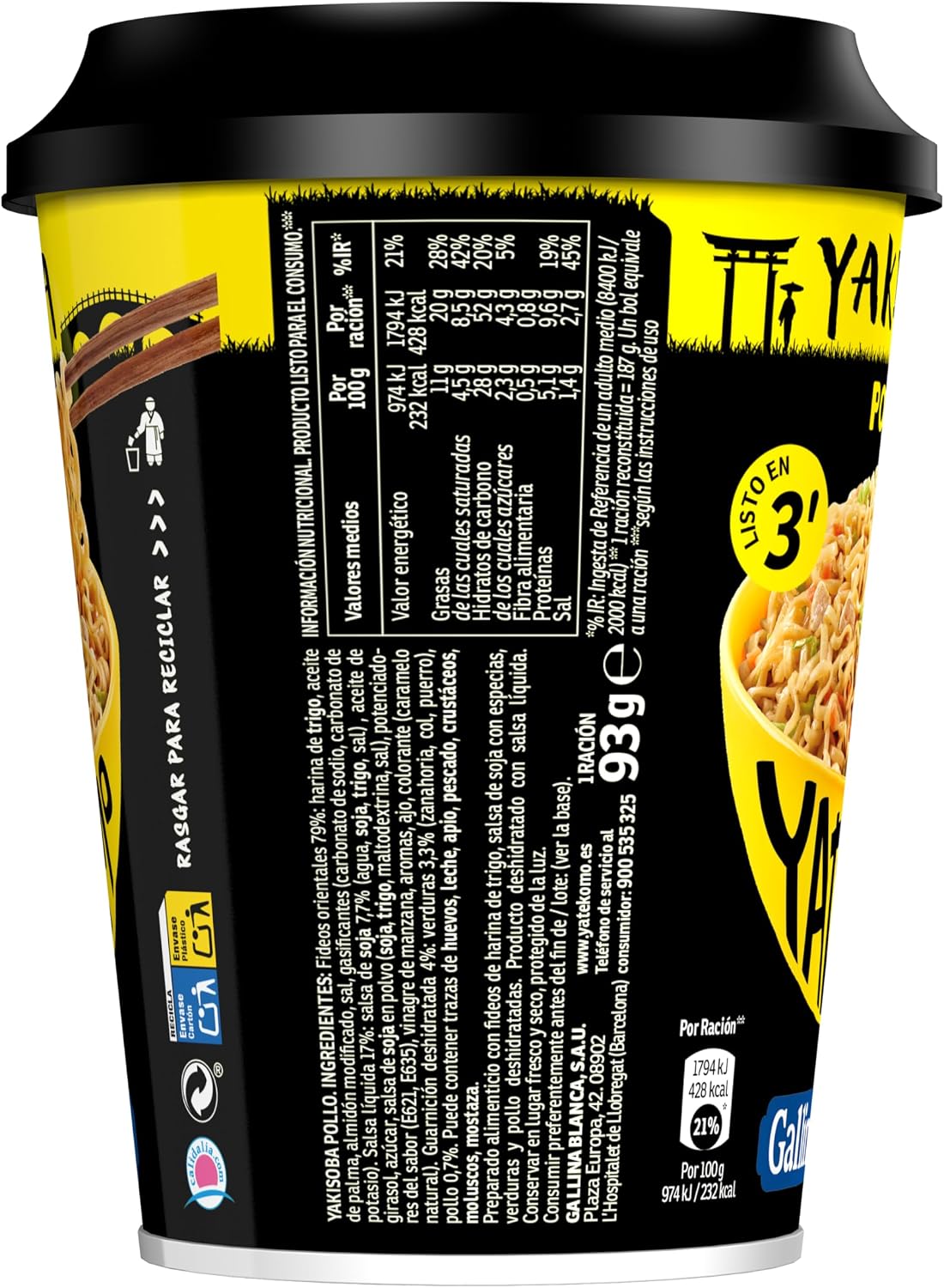 GALLINA BLANCA YATEKOMO YAKISOBA VASO POLLO 93GR
