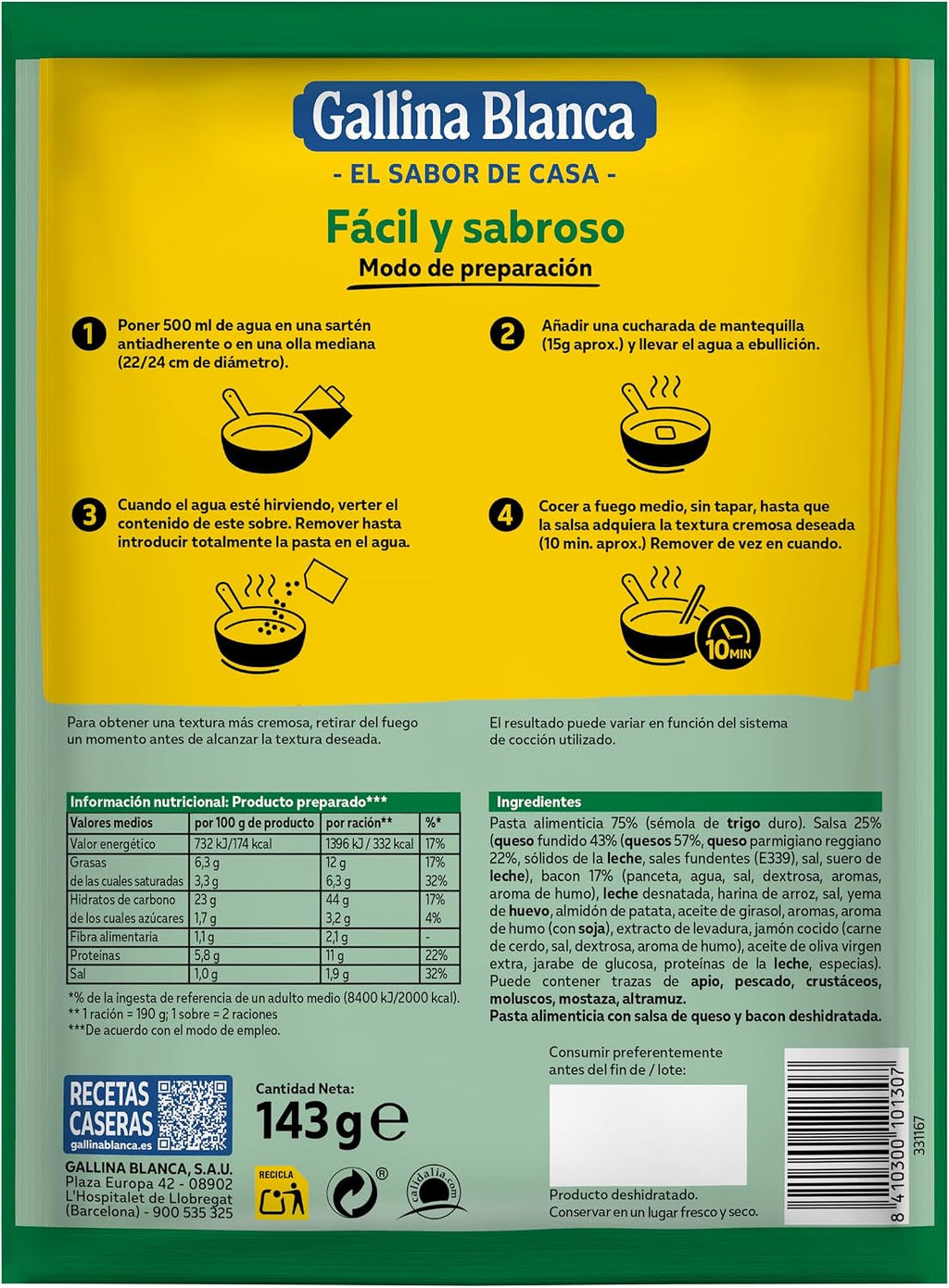 GALLINA BLANCA PLATO PREP. TALLARINES CARBONARA 144 GR.