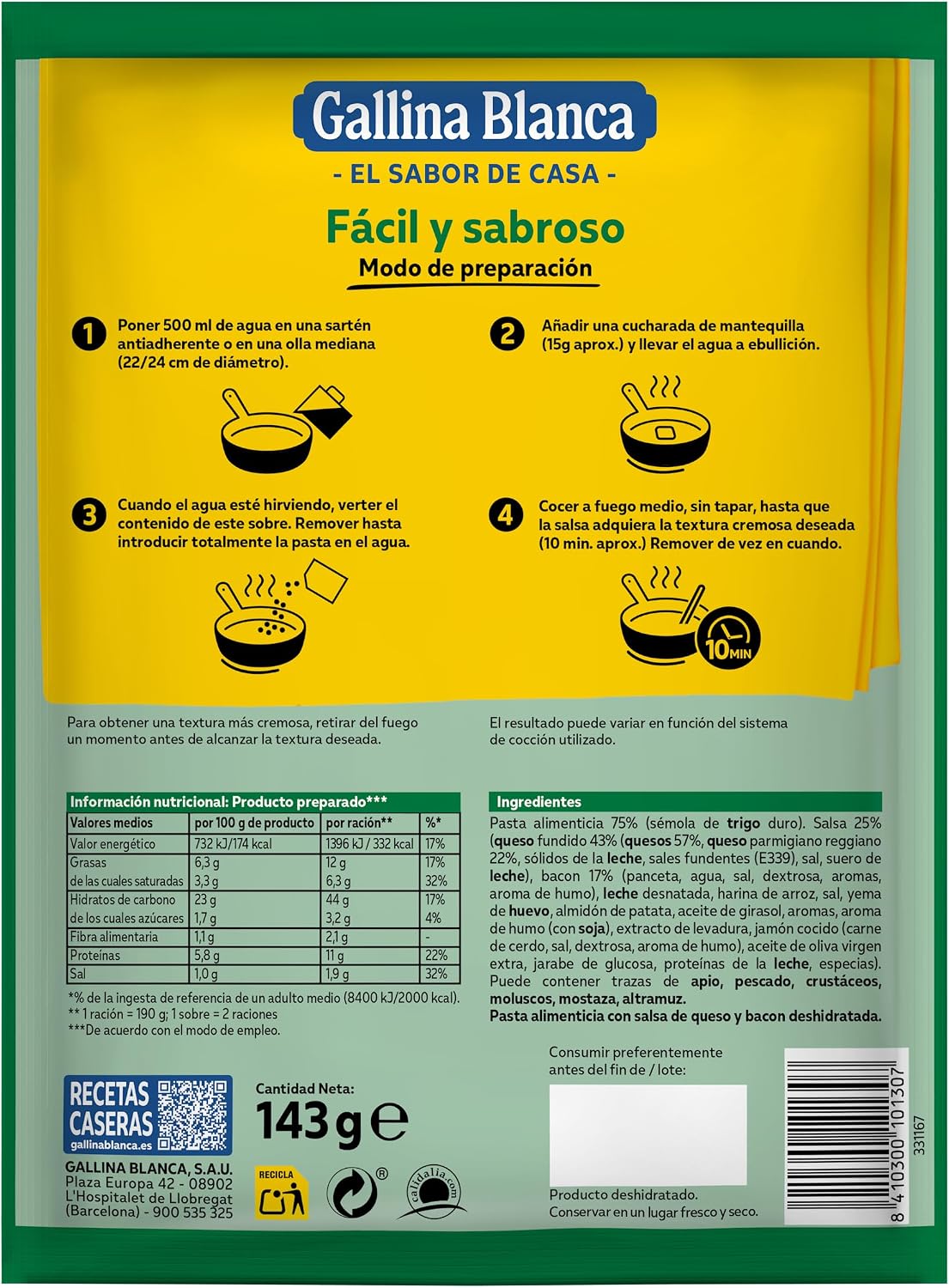 GALLINA BLANCA PLATO PREP. TALLARINES CARBONARA 144 GR.