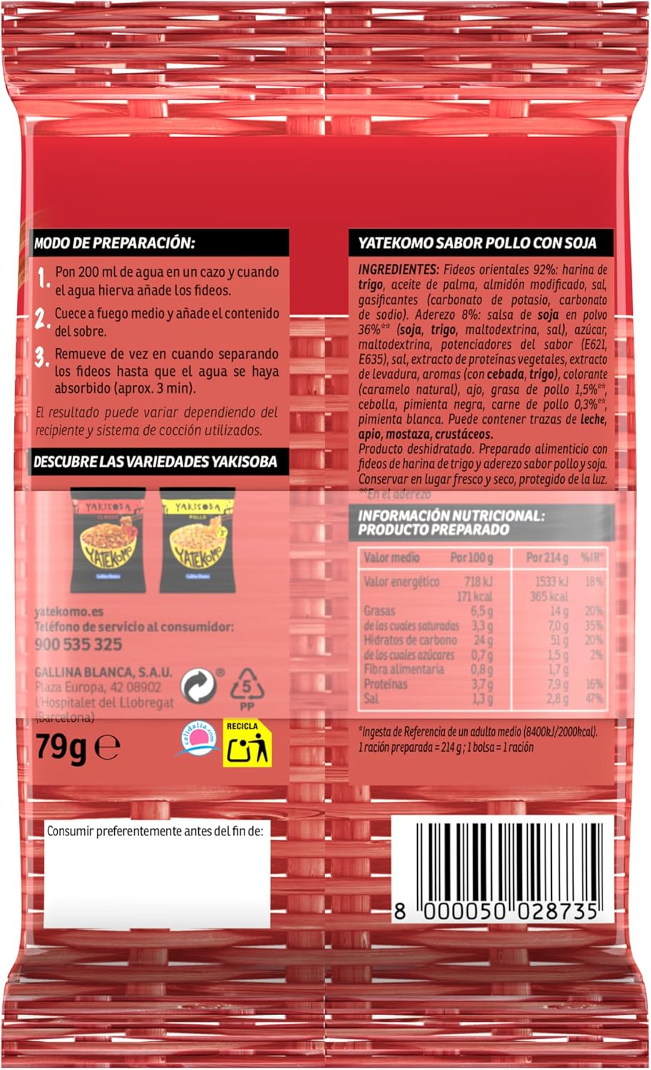 GALLINA BLANCA YATEKOMO FIDEOS POLLO SOJA BOLSA 82 GRS