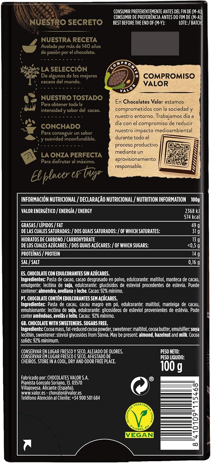 VALOR CHOCO 0%AZUCAR CHOCO NEGRO NARANJA 100GR