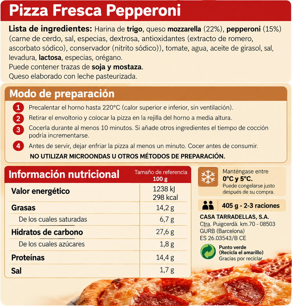TARRADELLAS PIZZA PEPERONI 400GR.