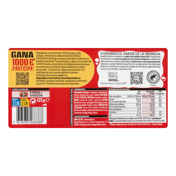 NESTLE CHOCOLATE EXTRAFINO C/LECHE 125GR