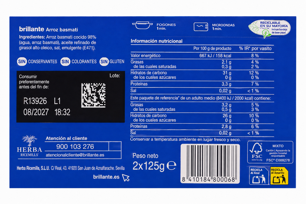 BRILLANTE ARROZ BASMATI FORMATO XL PACK 2 X 200GR