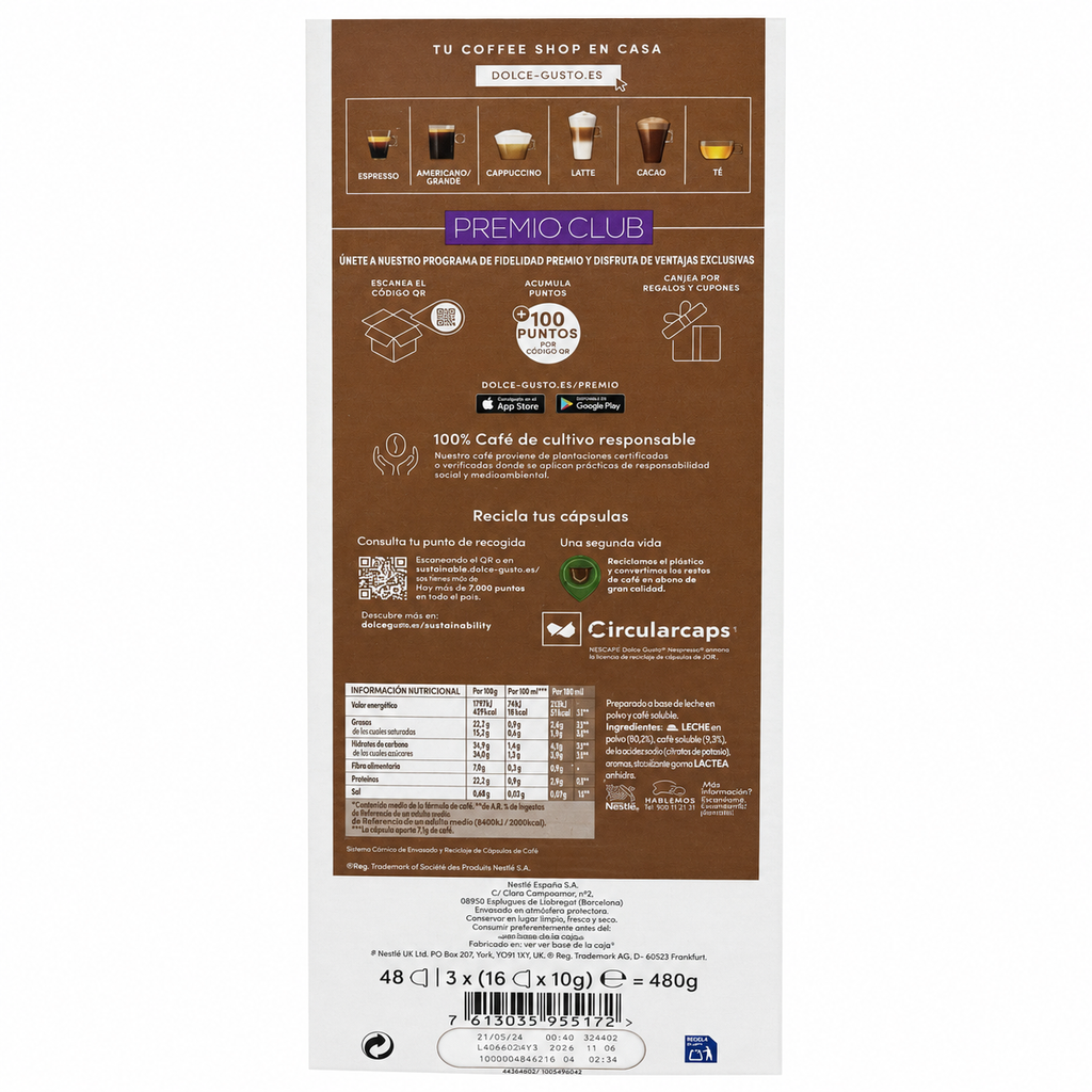 NESCAFE DOLCE GUSTO FORMATO PACK-3 CAFE CON LECHE 48 UND